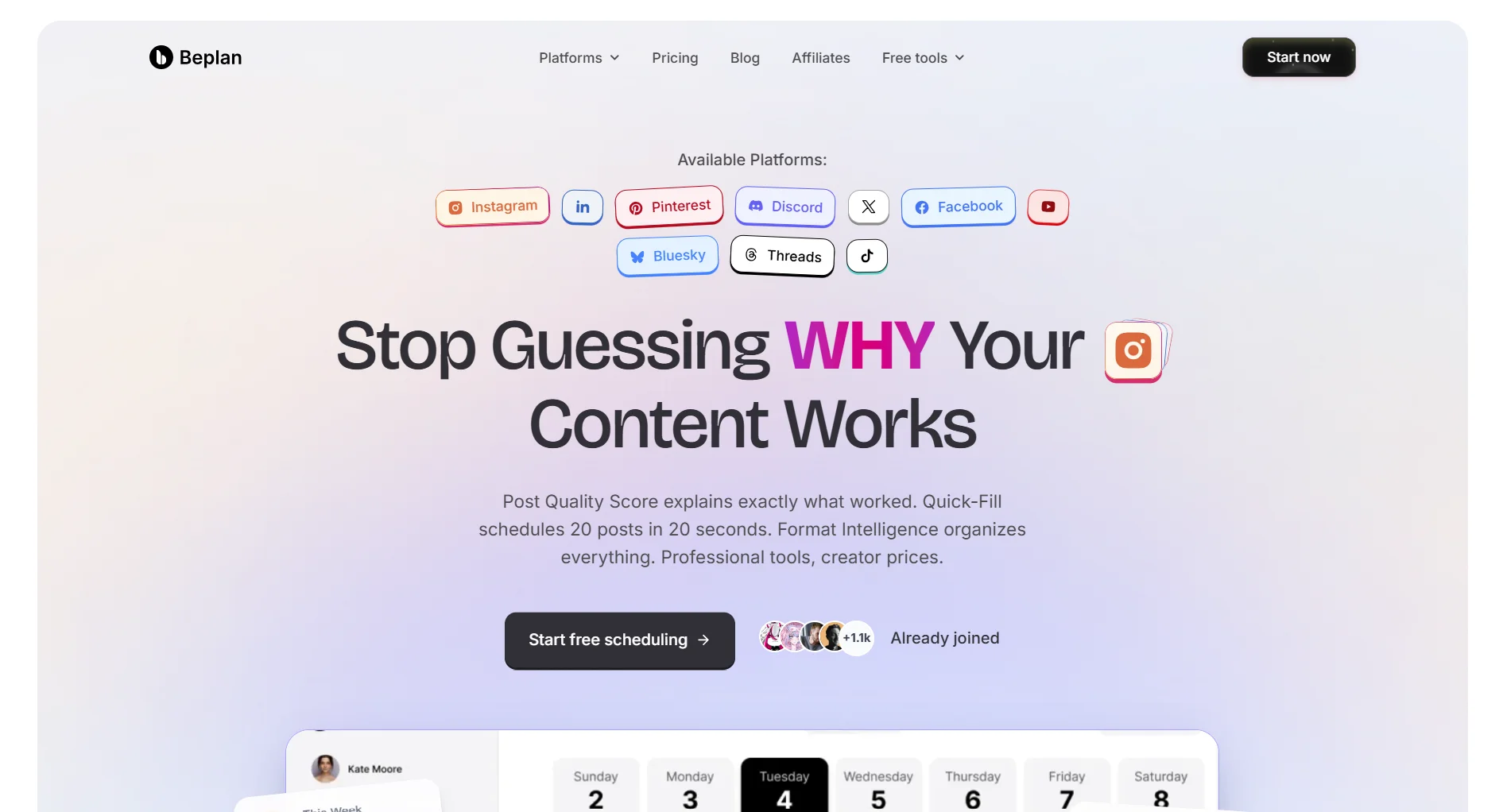 Beplan landing page screenshot featuring the social media scheduler