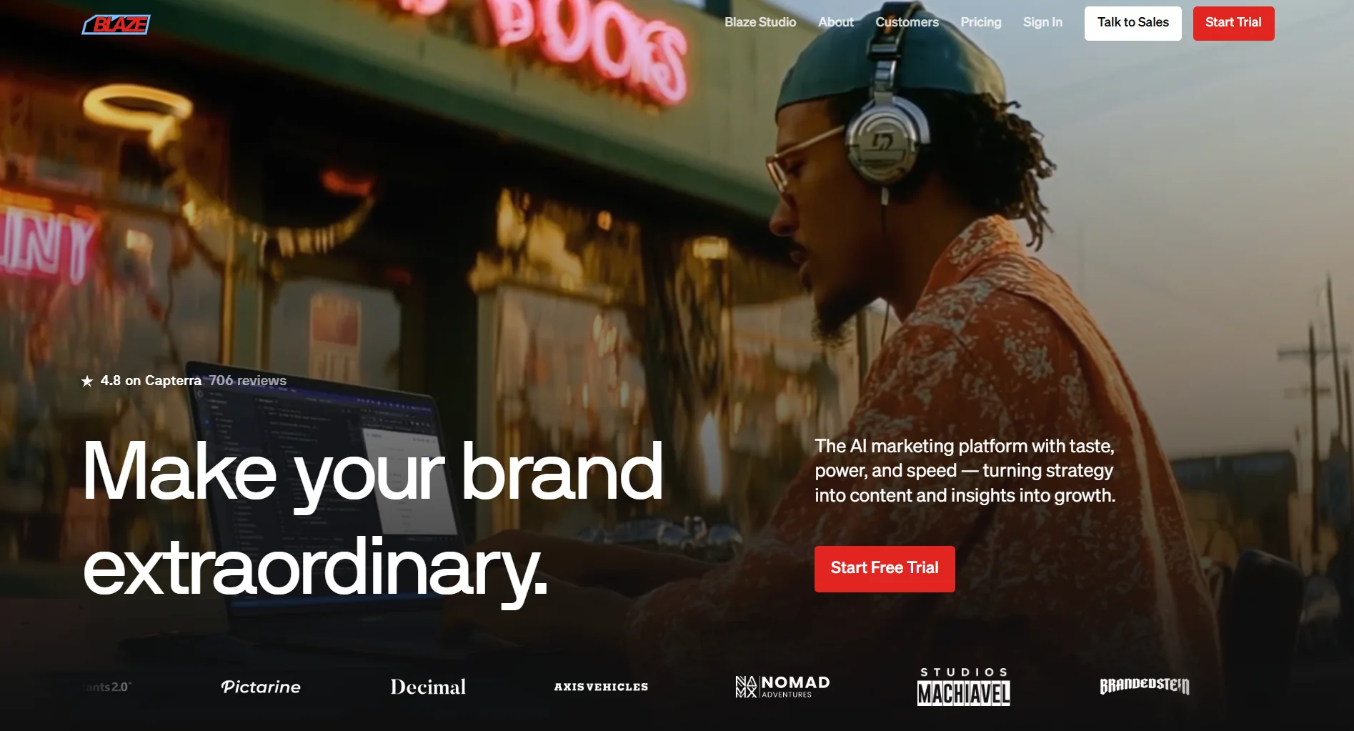 Blaze AI landing page screenshot featuring the marketing done for you