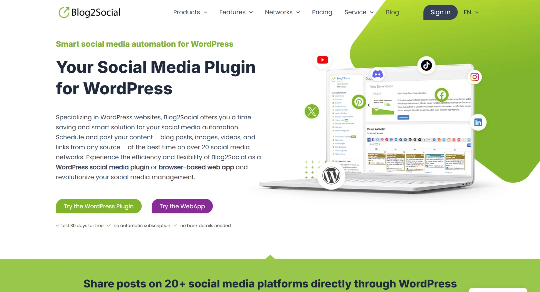 Blog2Social landing page screenshot featuring the automation tool for WordPress