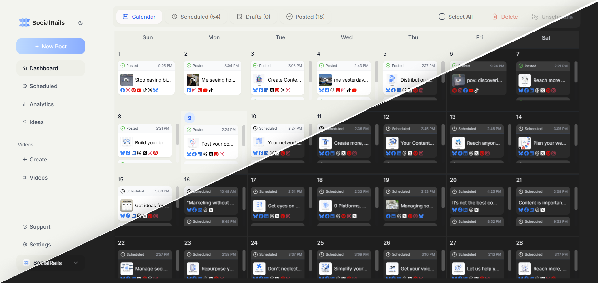 SocialRails calendar view showing both dark and light mode options for content scheduling with posts organized by date