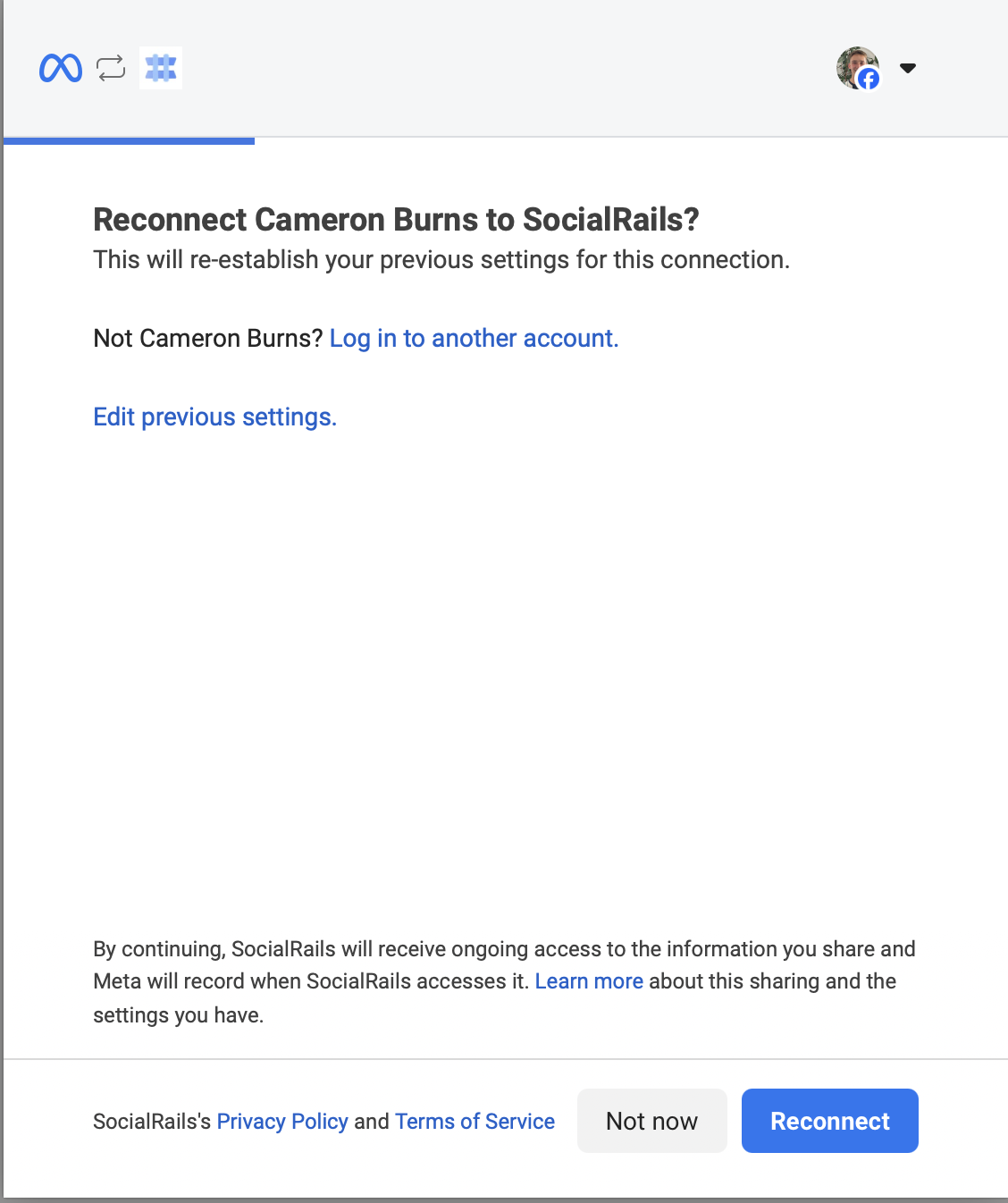 SocialRails Facebook connection interface showing multi-platform integration capabilities