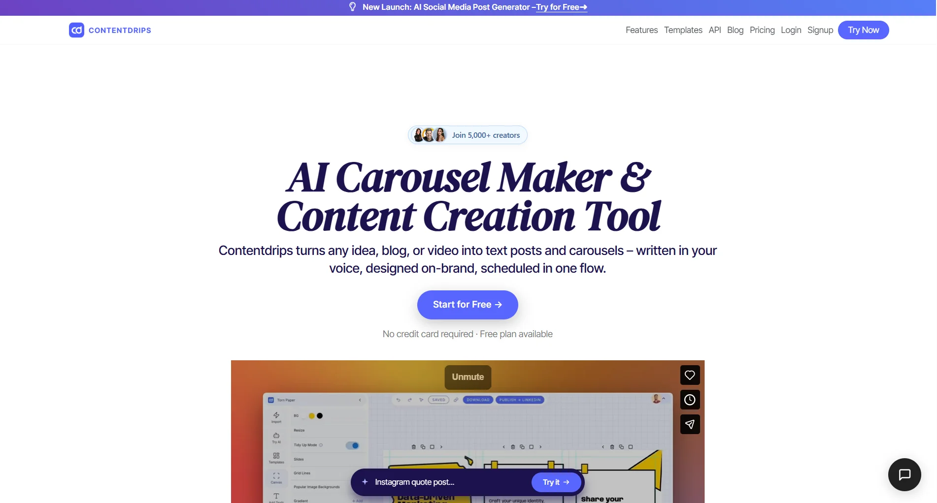 Contentdrips AI carousel maker dashboard