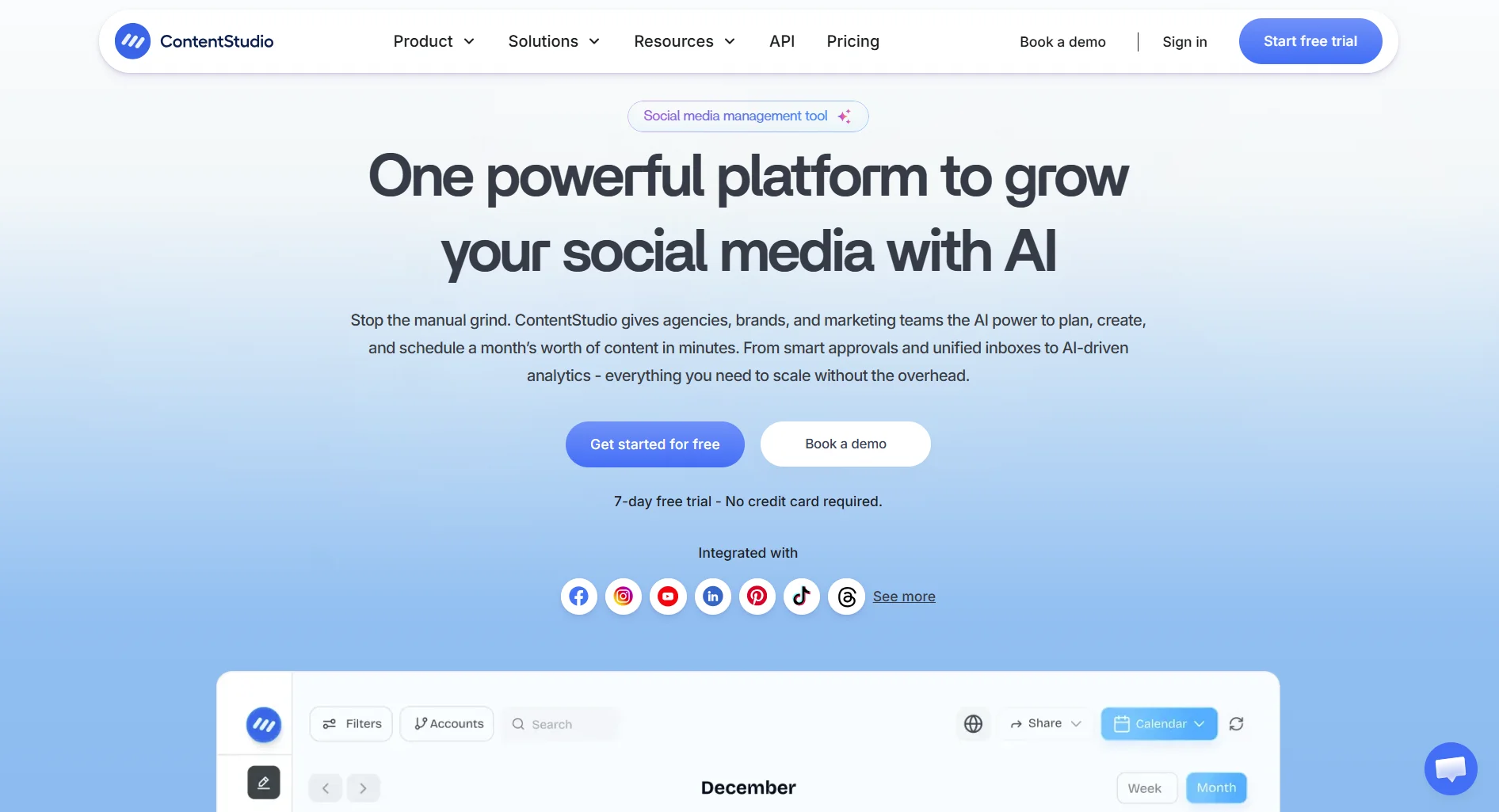 ContentStudio landing page screenshot featuring the unified social media management