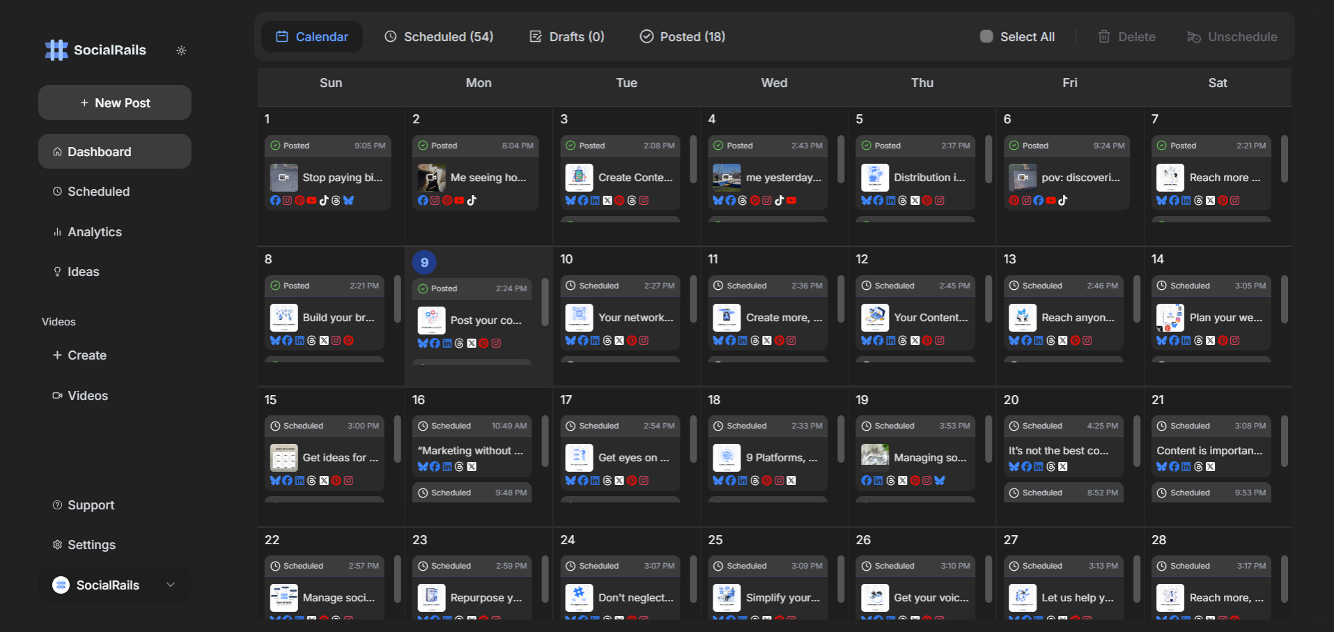 SocialRails content calendar in dark mode displaying weekly view with color-coded posts for different platforms