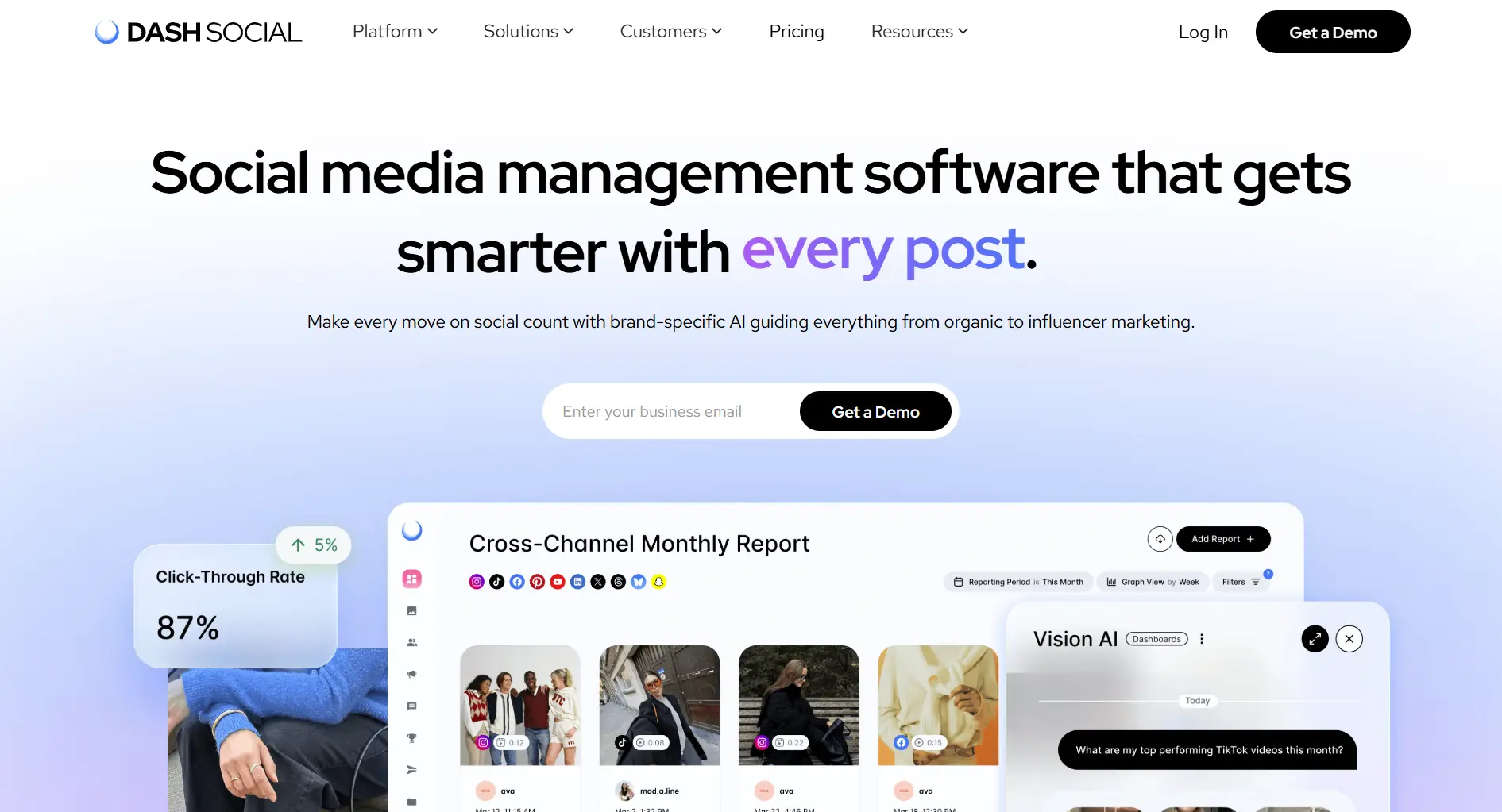 Dash Social homepage screenshot showing the social media management