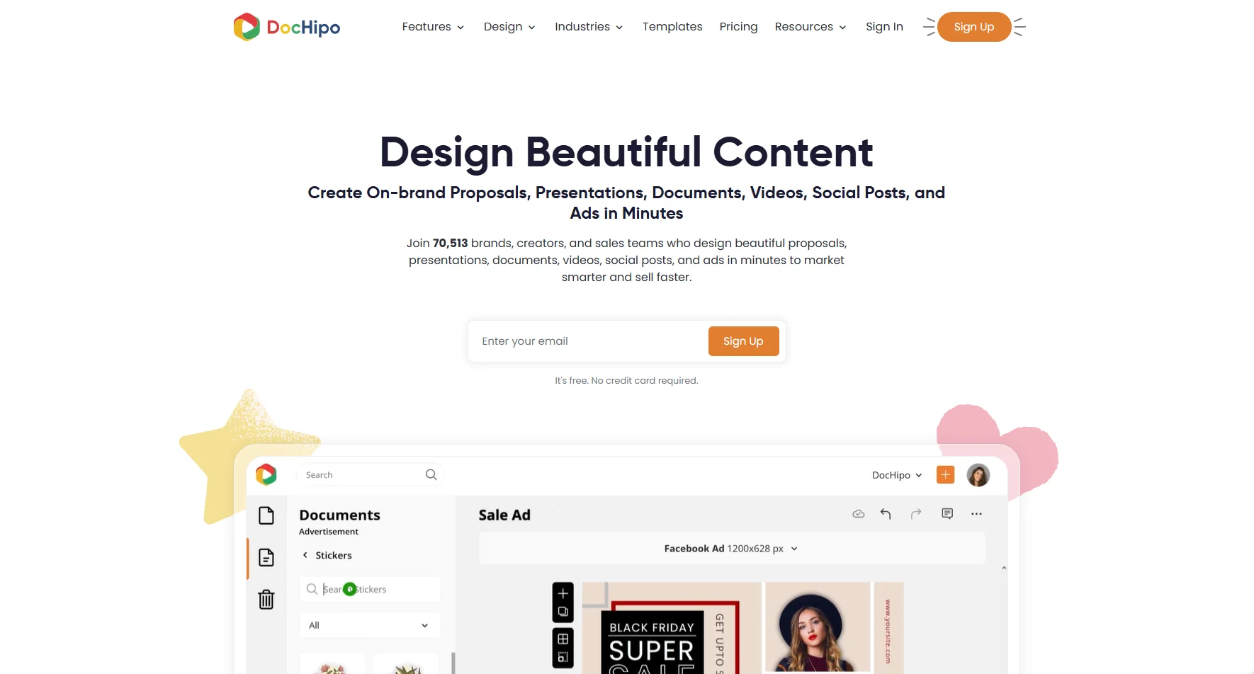 DocHipo design tool homepage showing on-brand proposals, presentations, documents, videos, social posts, and ads