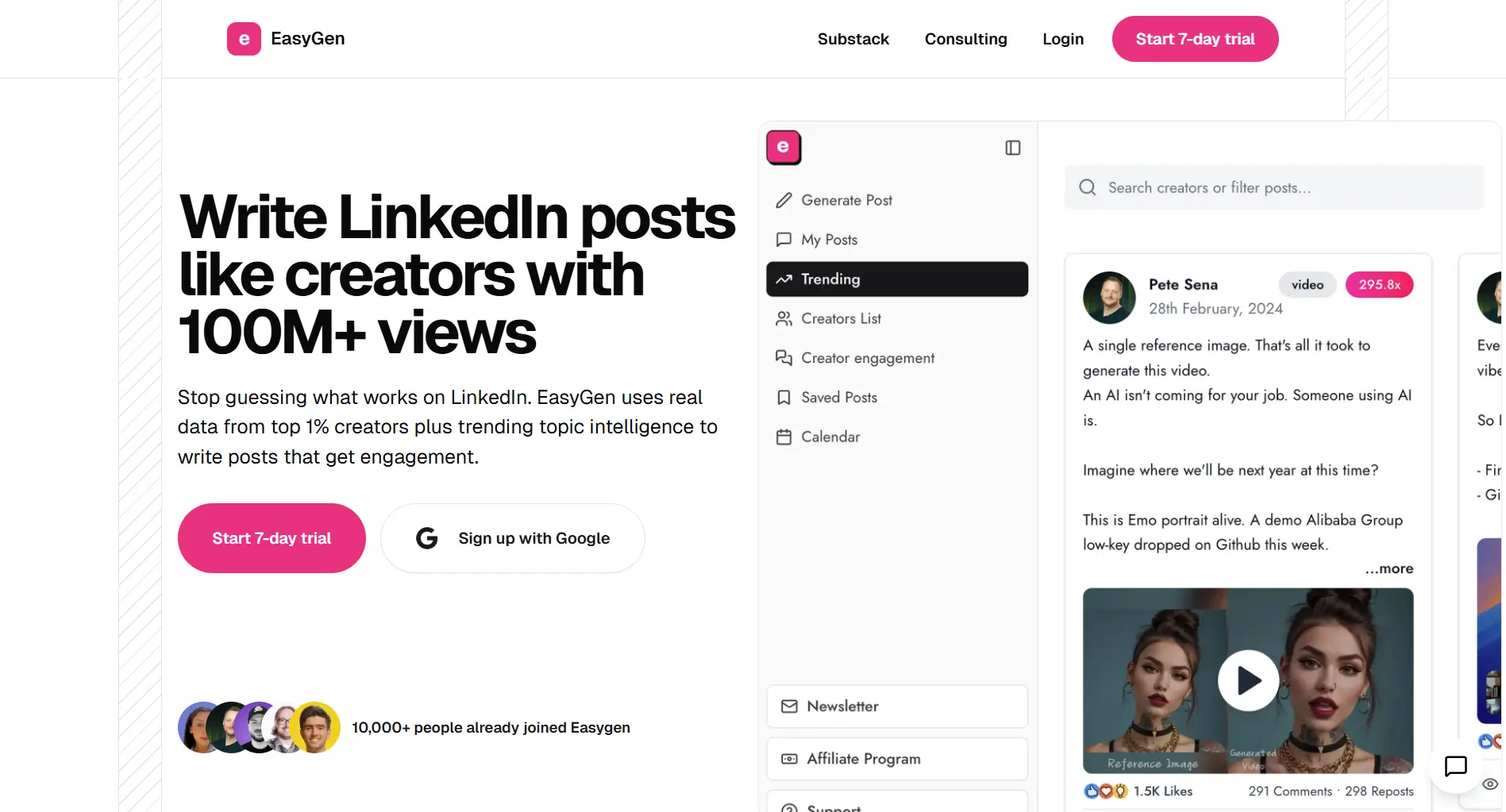 EasyGen landing page screenshot featuring the write LinkedIn posts with AI
