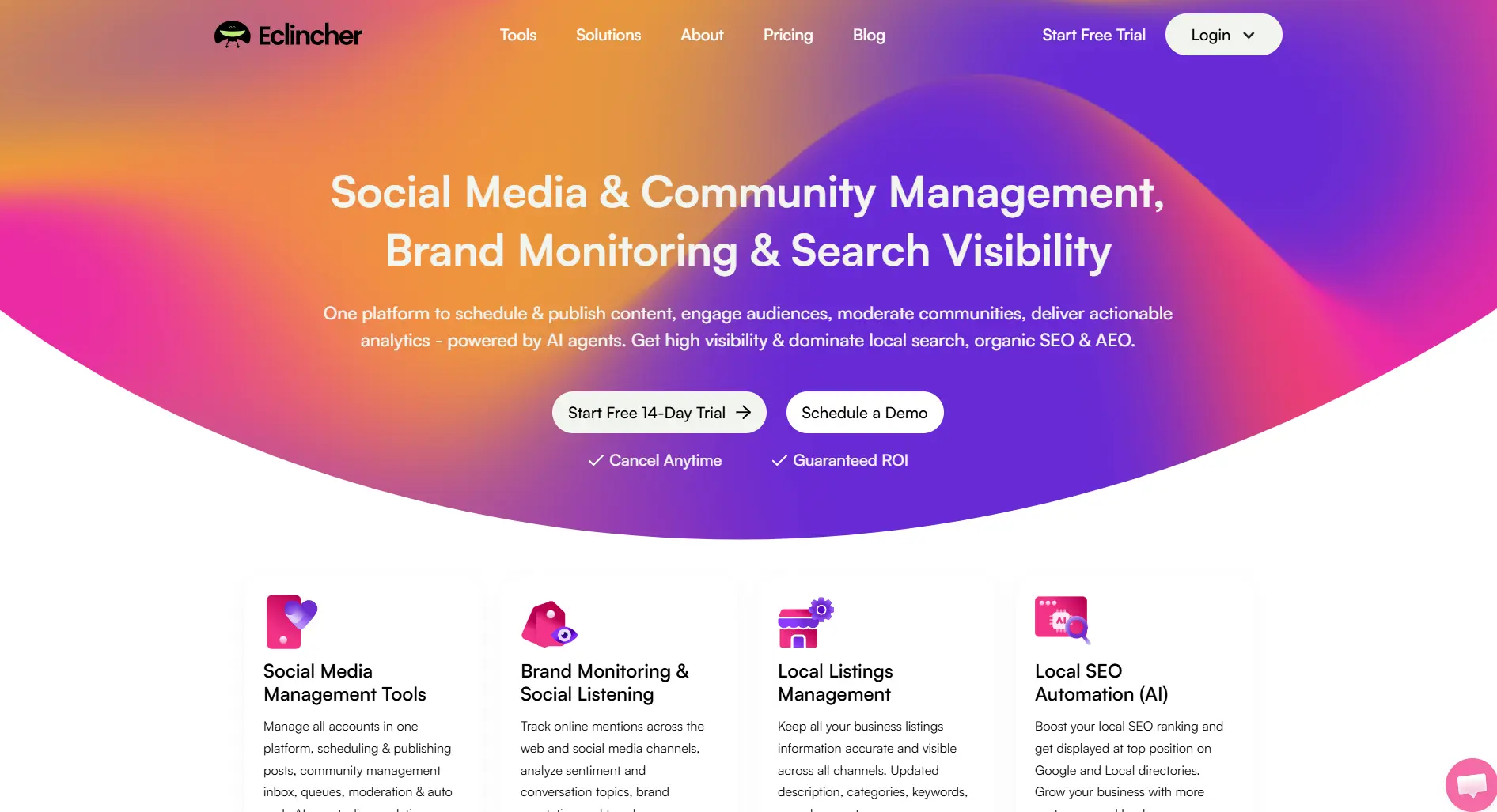 eClincher landing page screenshot featuring the AI social media management platform
