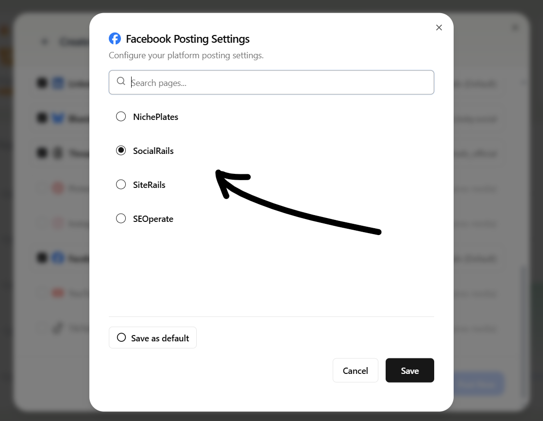 SocialRails Facebook posting settings popup showing advertising and promotional options