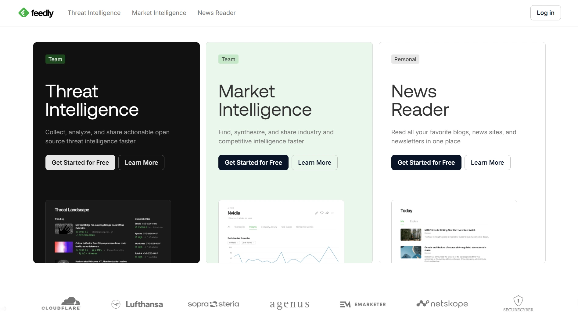 Feedly landing page screenshot featuring the research trends