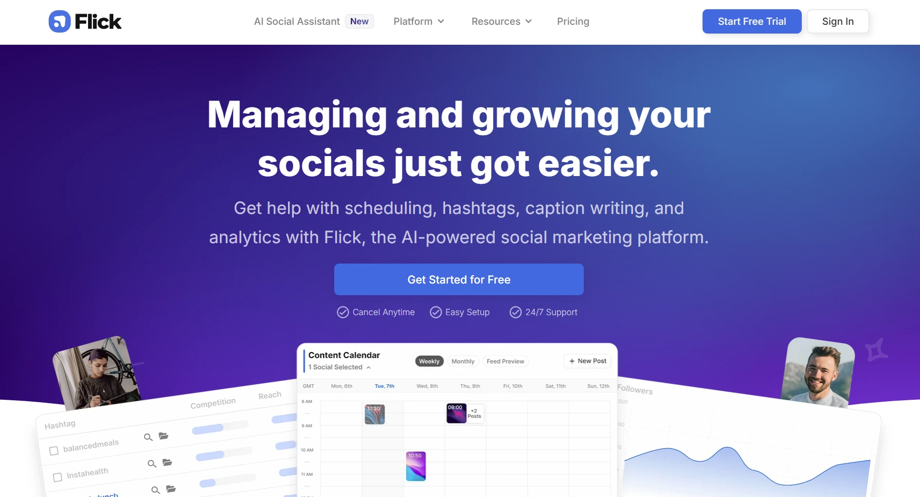 Flick landing page screenshot featuring the social media marketing