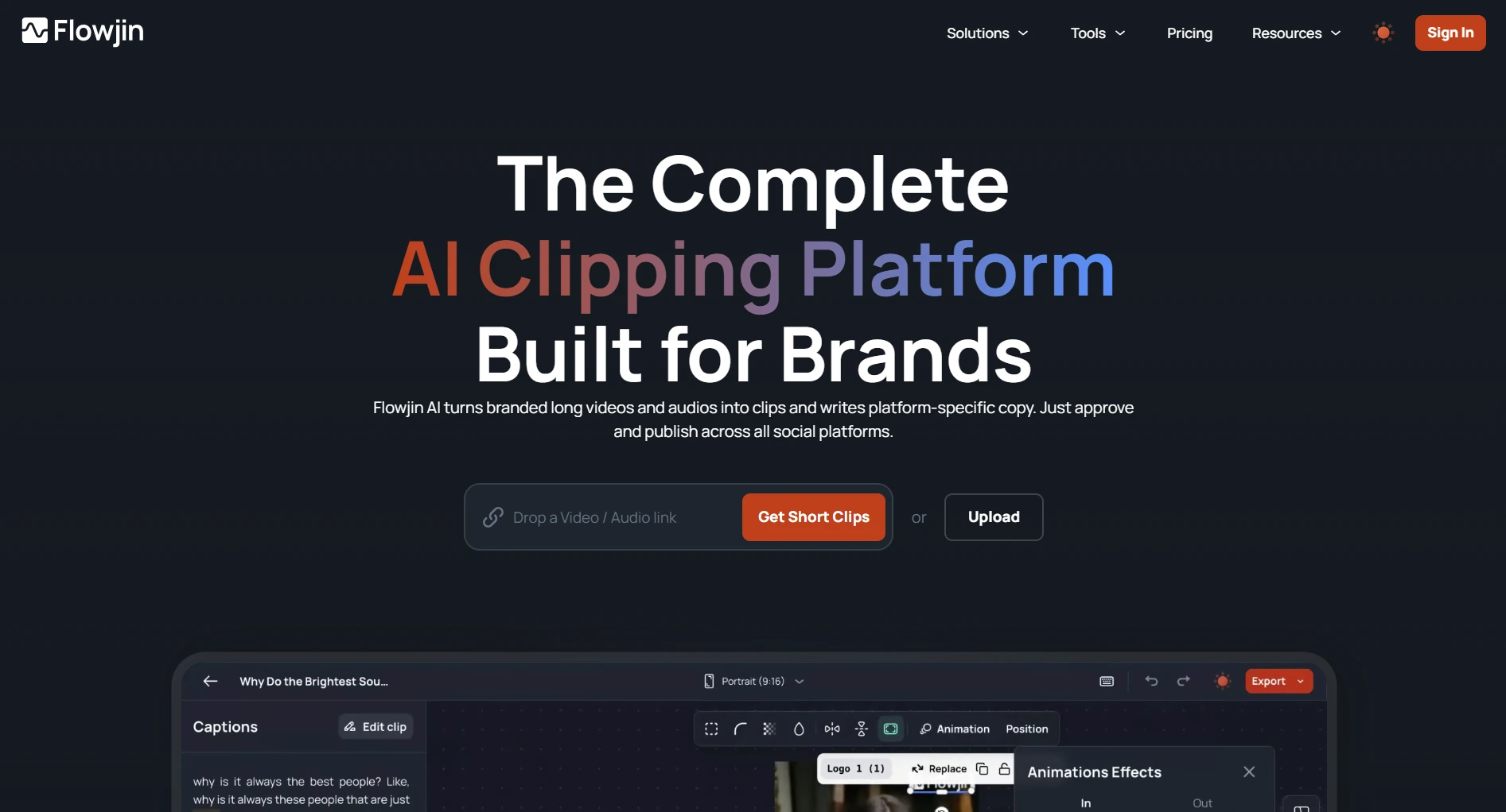 Flowjin landing page screenshot featuring the AI clip maker