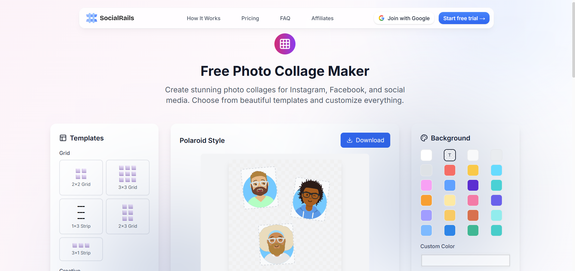SocialRails photo collage maker tool showing content creation features