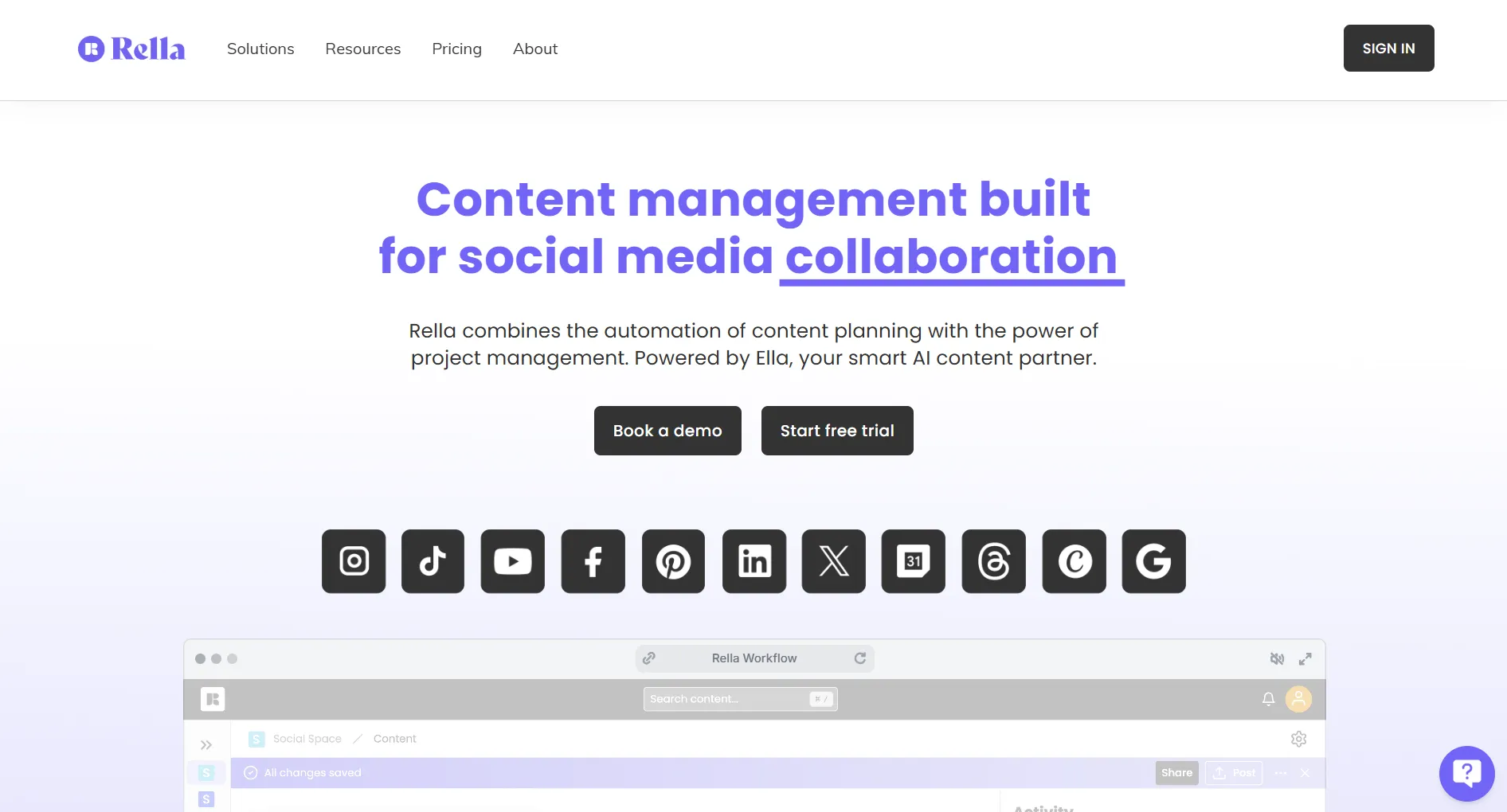 Rella landing page screenshot featuring the content management