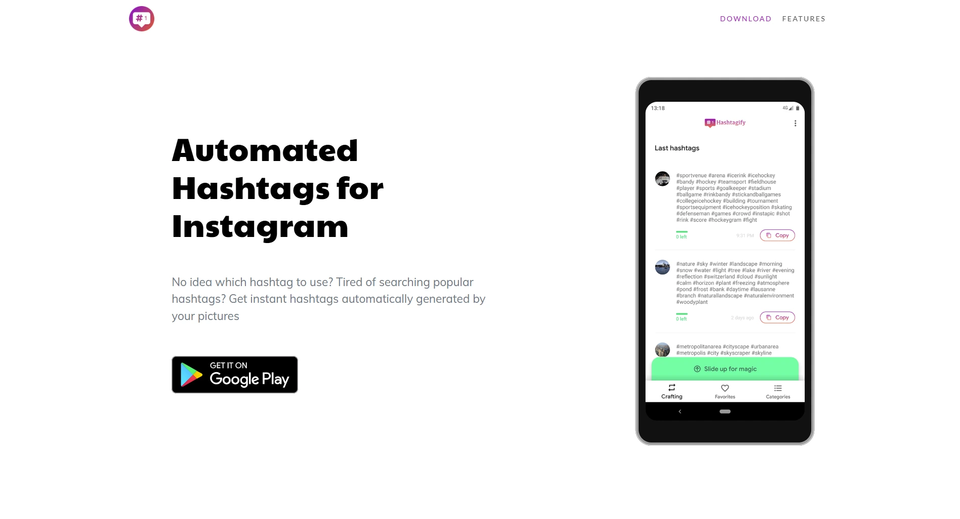Hashtagify landing page screenshot featuring the automated hashtags