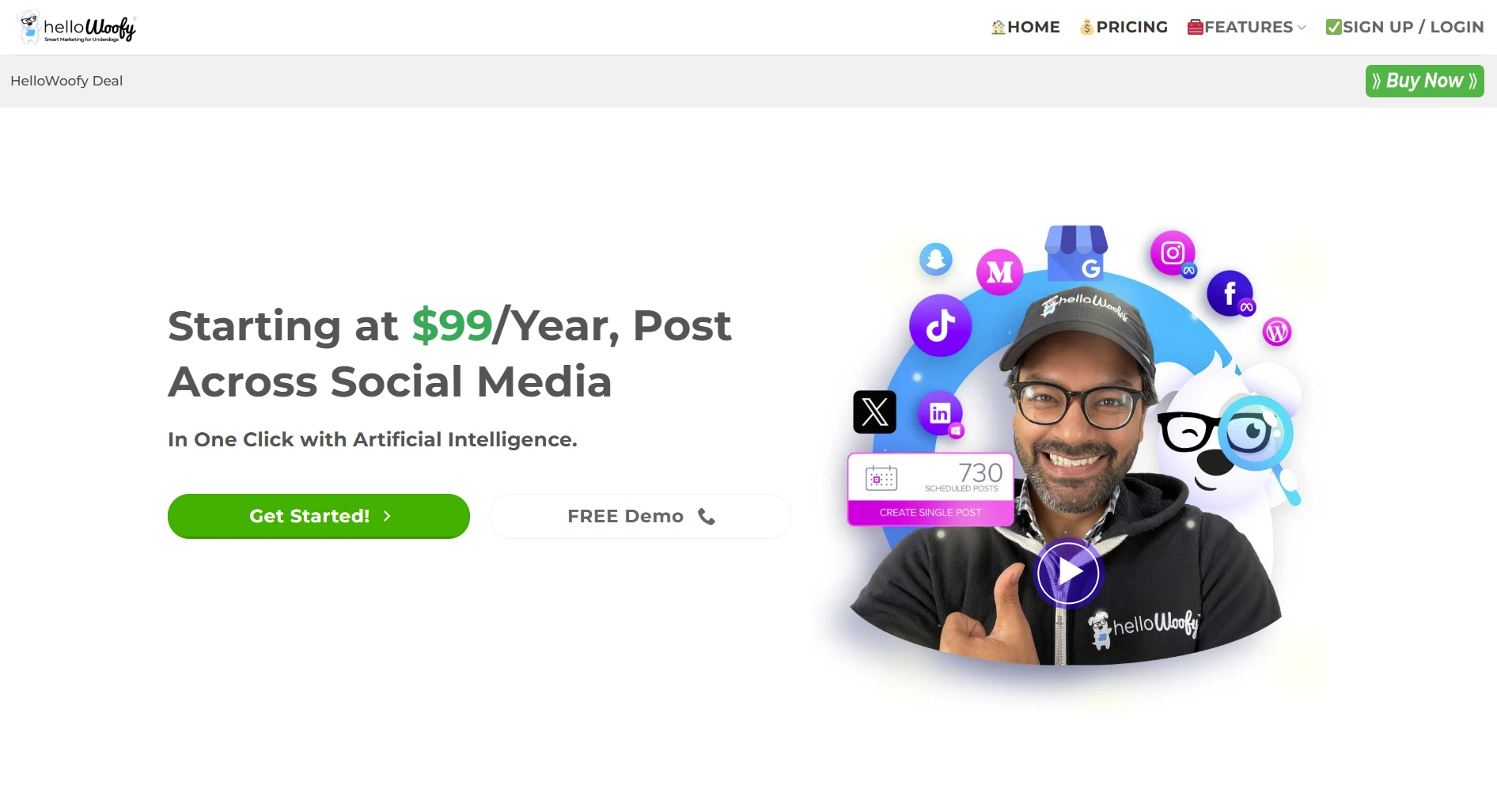 HelloWoofy landing page screenshot featuring the social media scheduler
