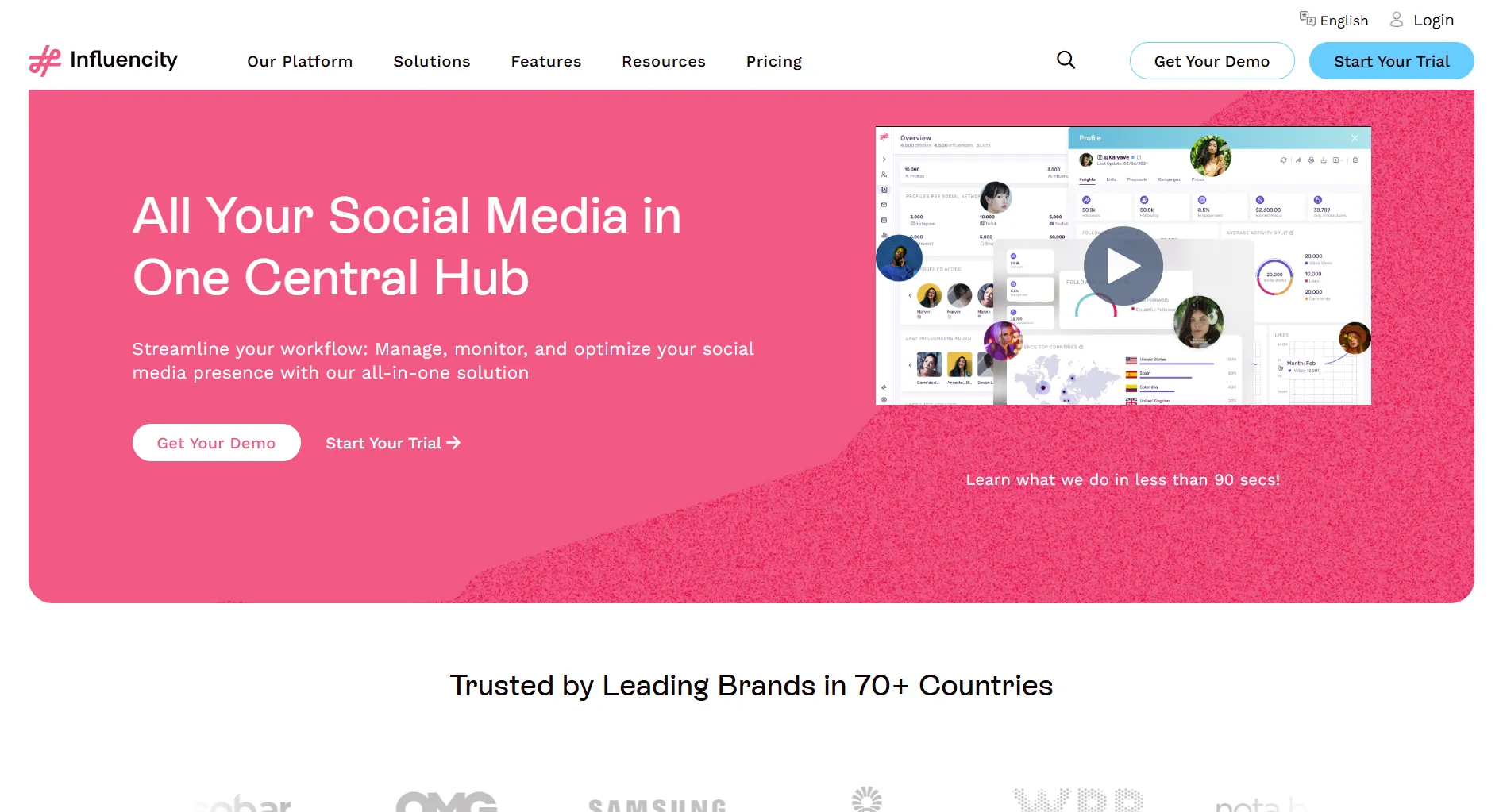 Influencity landing page screenshot featuring the influencer marketing platform