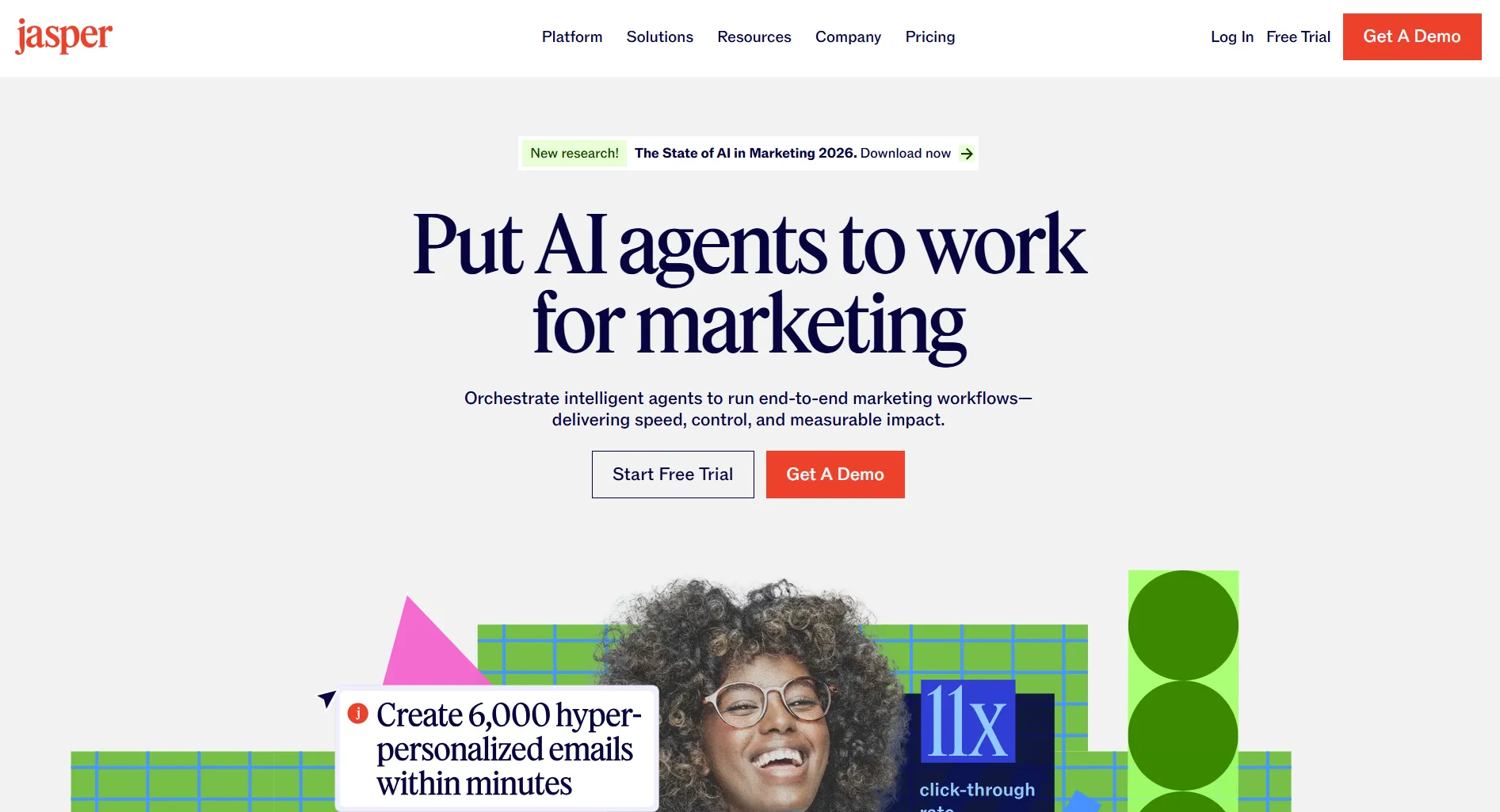 Jasper AI landing page screenshot featuring the AI marketing tool