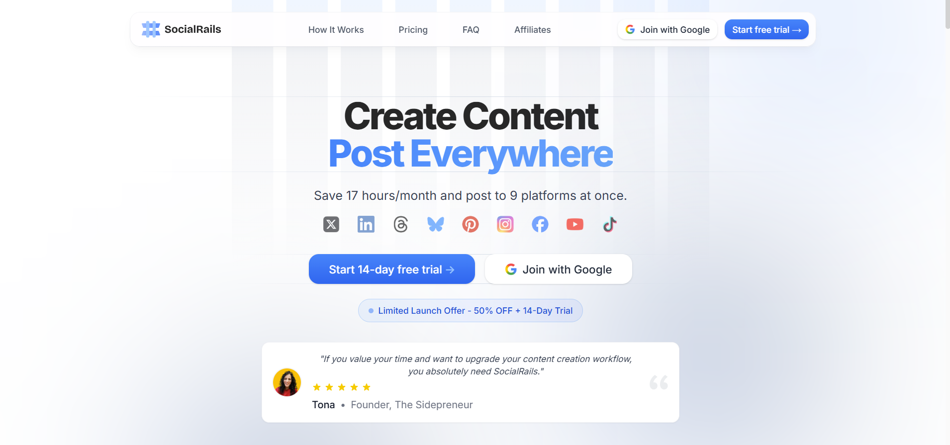 SocialRails landing page preview showing tool interface and features