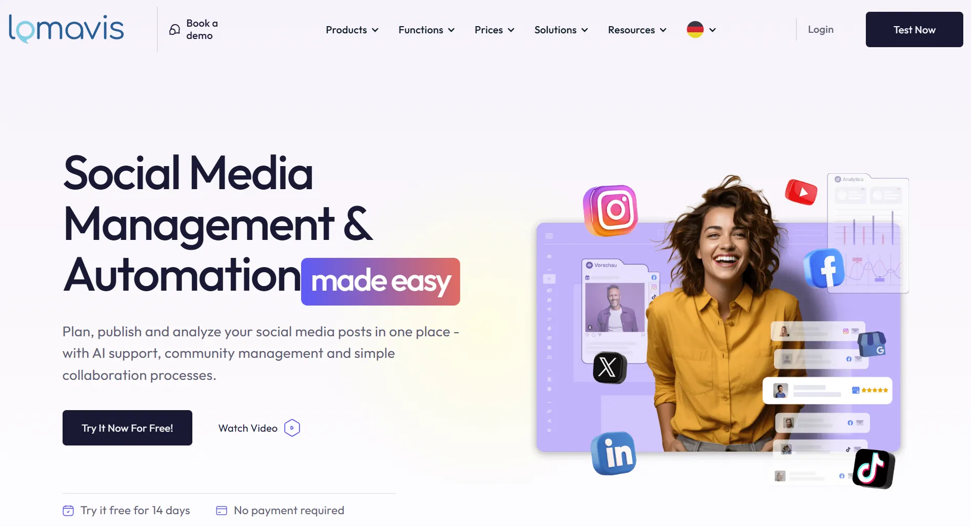 Lomavis landing page screenshot featuring the social media tool
