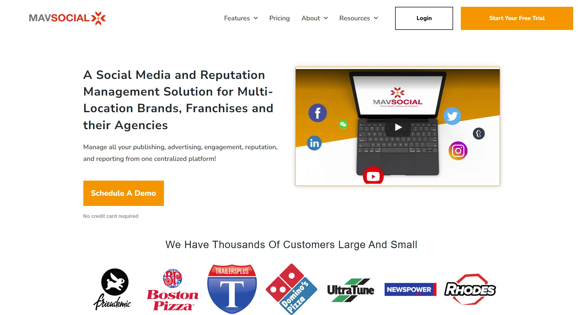MavSocial landing page screenshot featuring the social media management