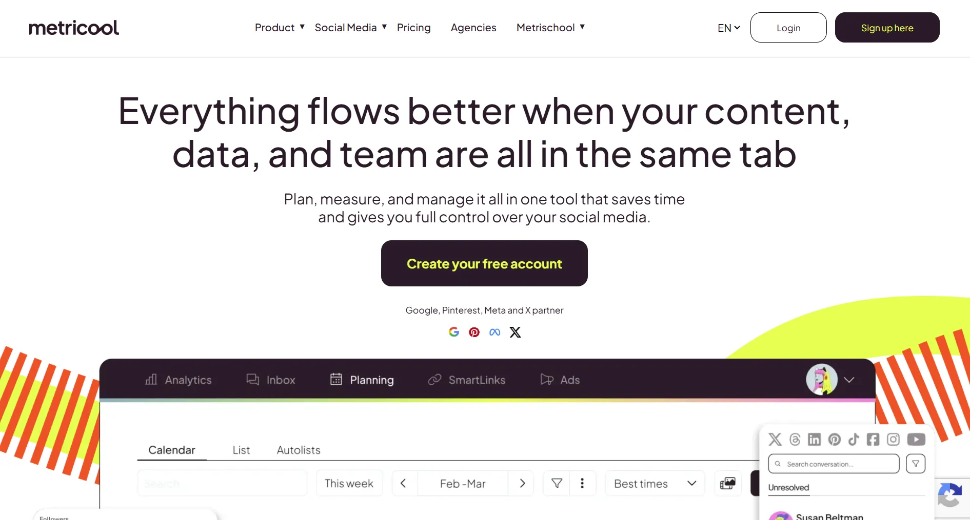 Metricool homepage screenshot showing the social media marketing platform