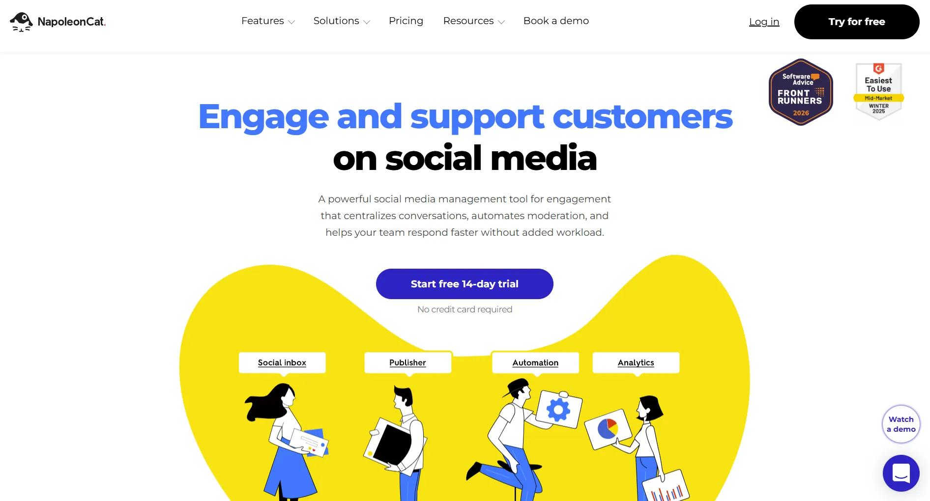 NapoleonCat landing page screenshot featuring the social media management tool