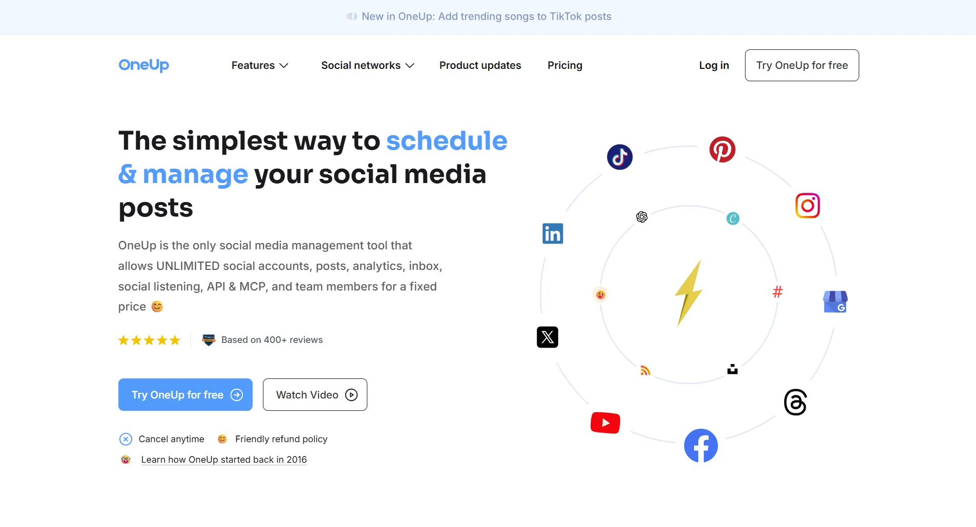 OneUp landing page screenshot featuring the social media scheduling