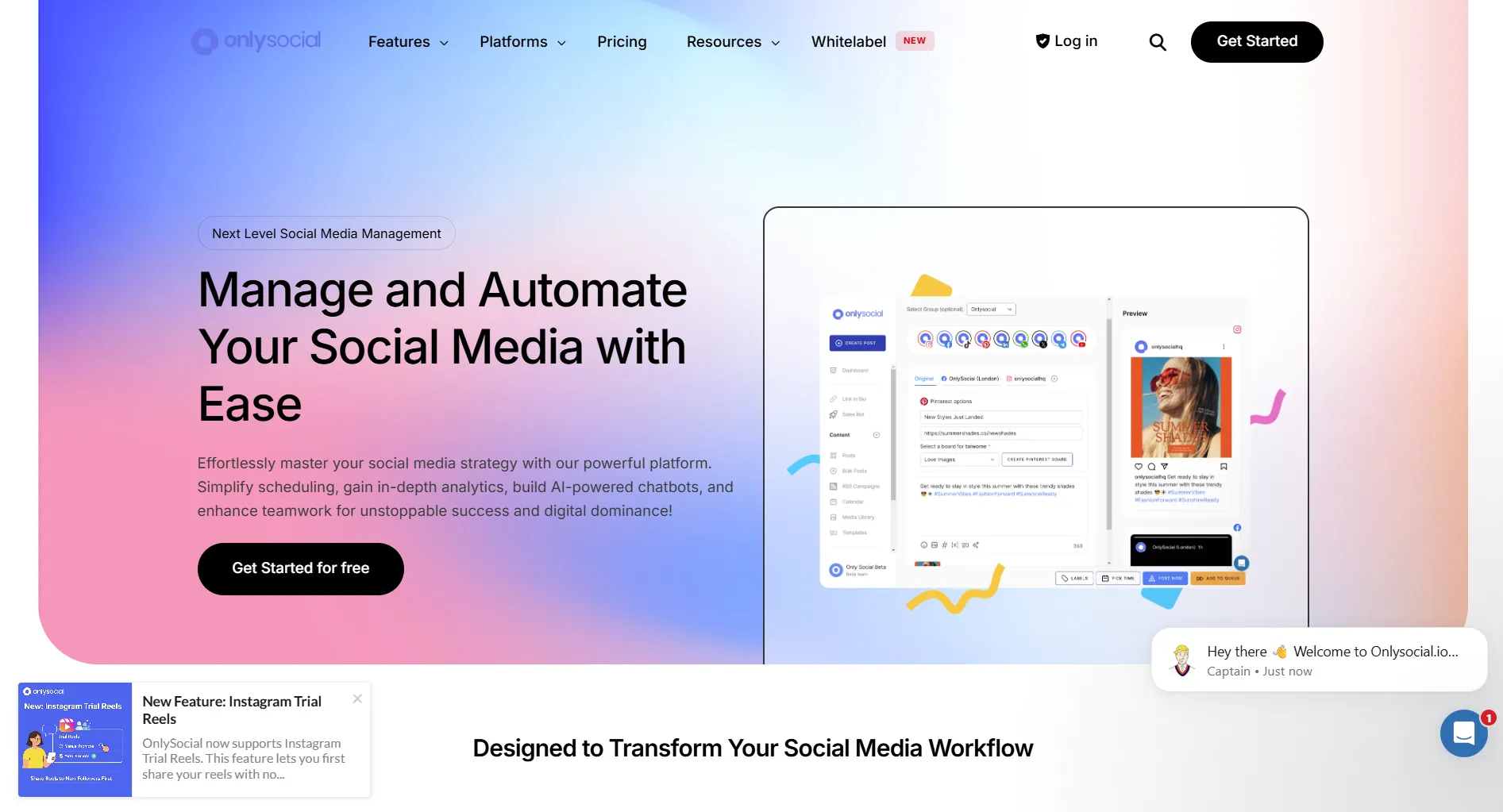 OnlySocial landing page screenshot featuring the social media management