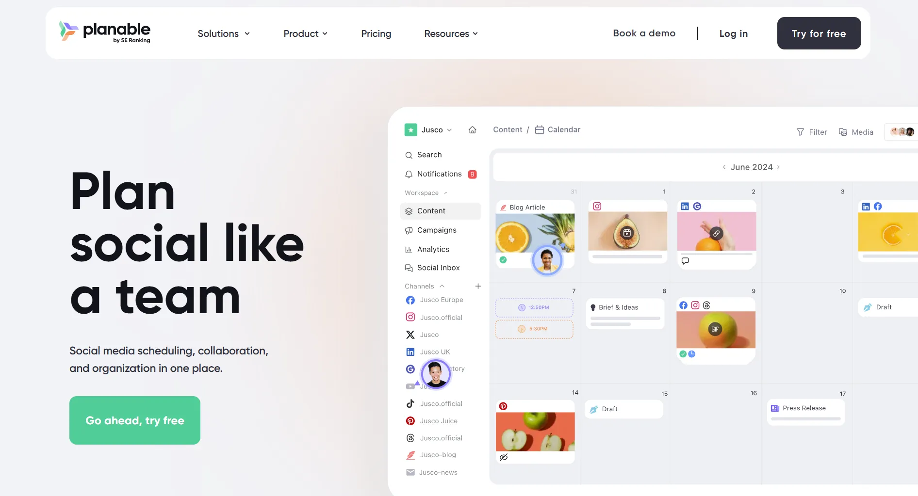 Planable landing page screenshot featuring the social media management platform