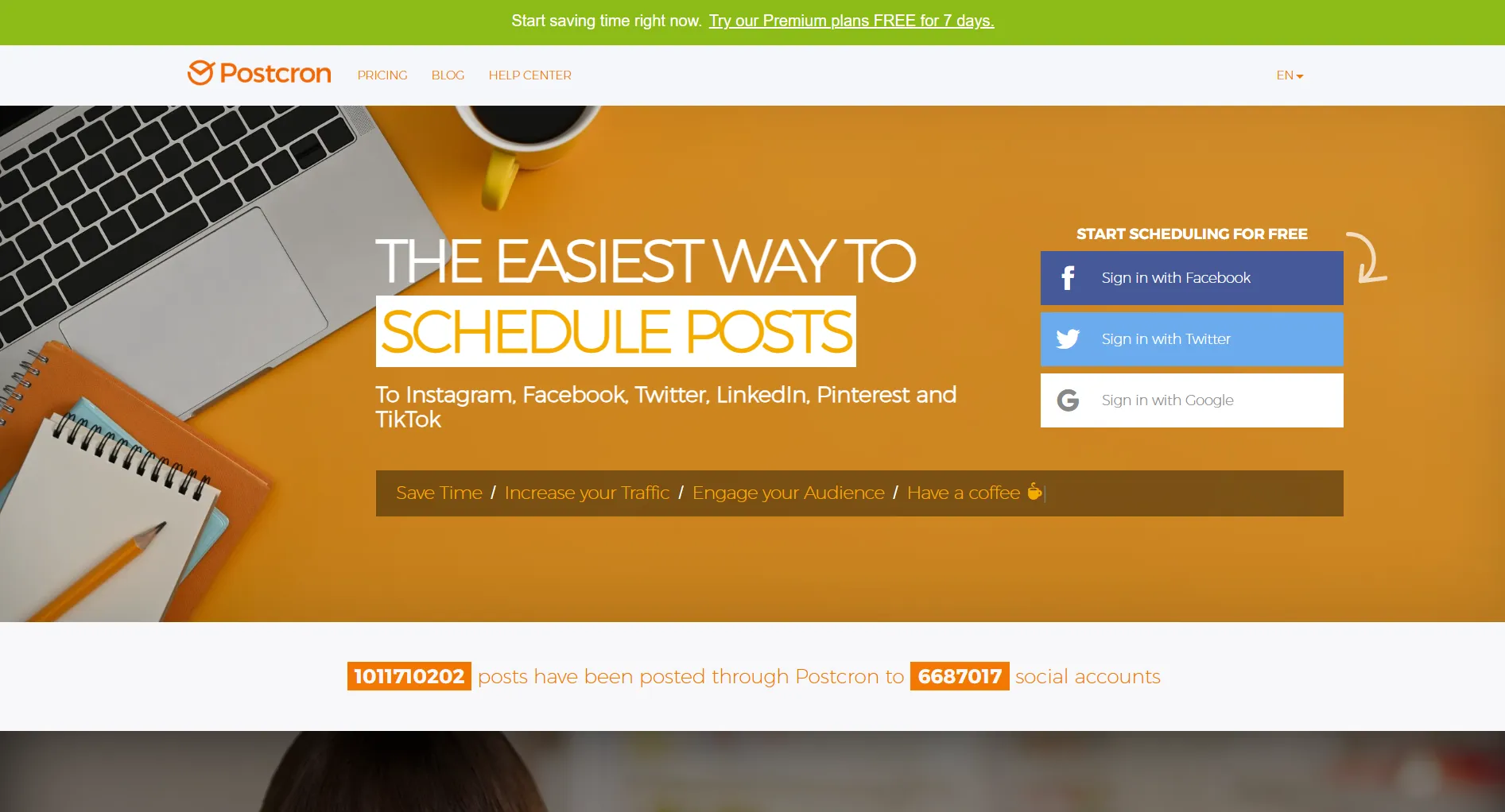 Postcron landing page screenshot featuring the social media scheduler