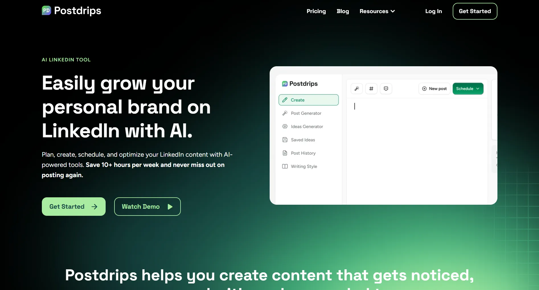 Postdrips landing page screenshot featuring the AI LinkedIn tool