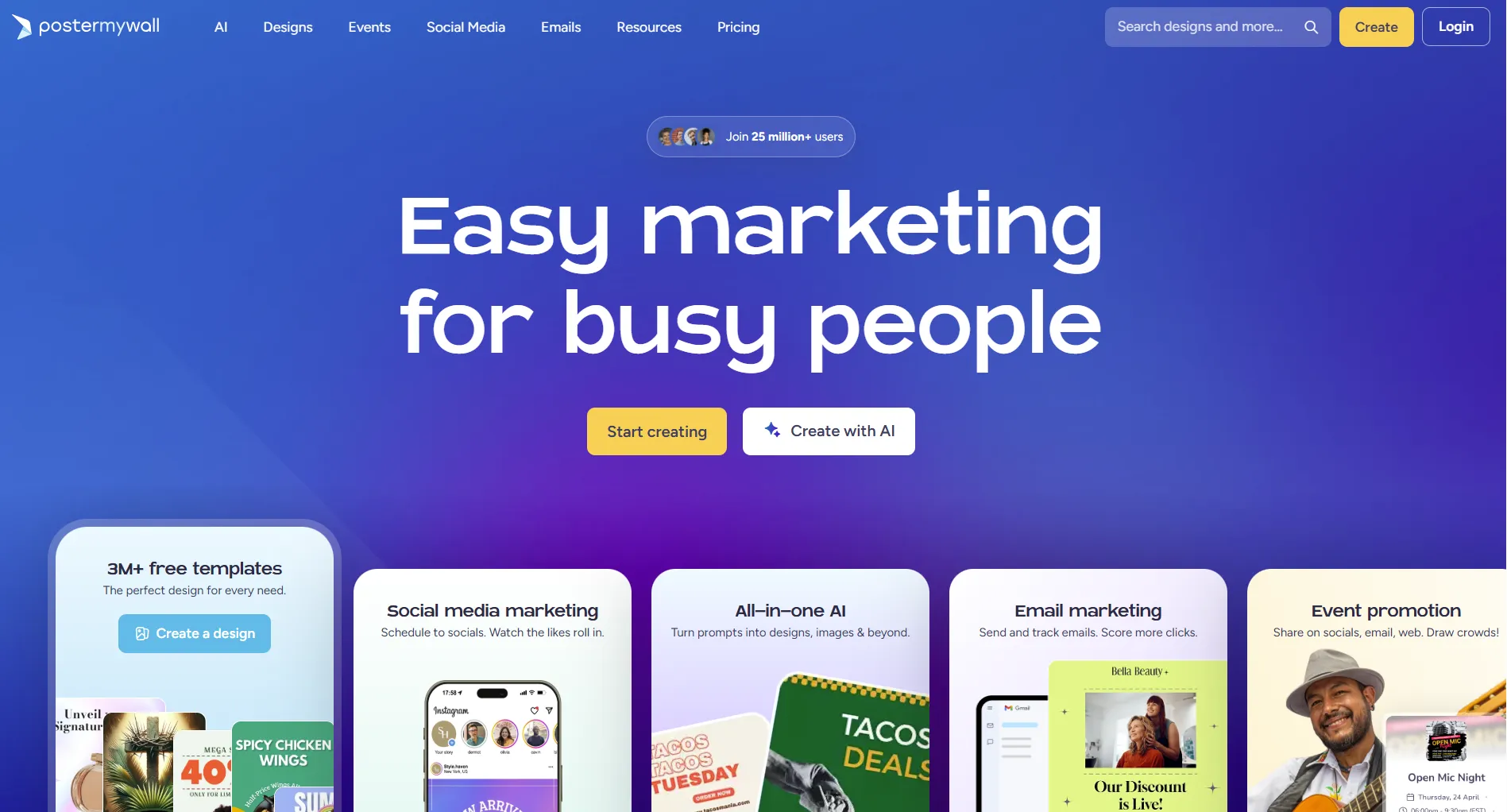 PosterMyWall landing page screenshot featuring the all-in-one marketing platform