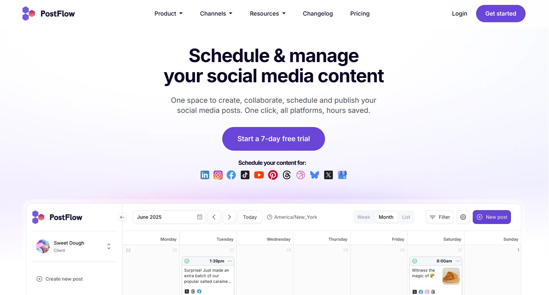 PostFlow landing page screenshot featuring the social media management tool