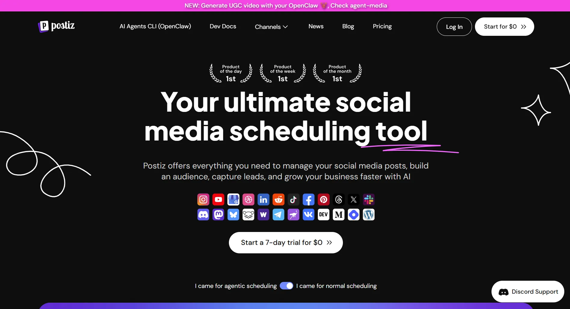 Postiz landing page screenshot featuring the social media management platform