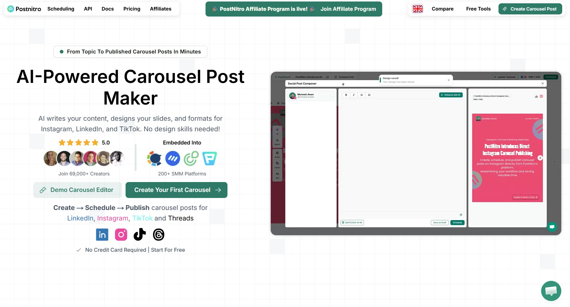 Postnitro landing page screenshot featuring the AI carousel maker