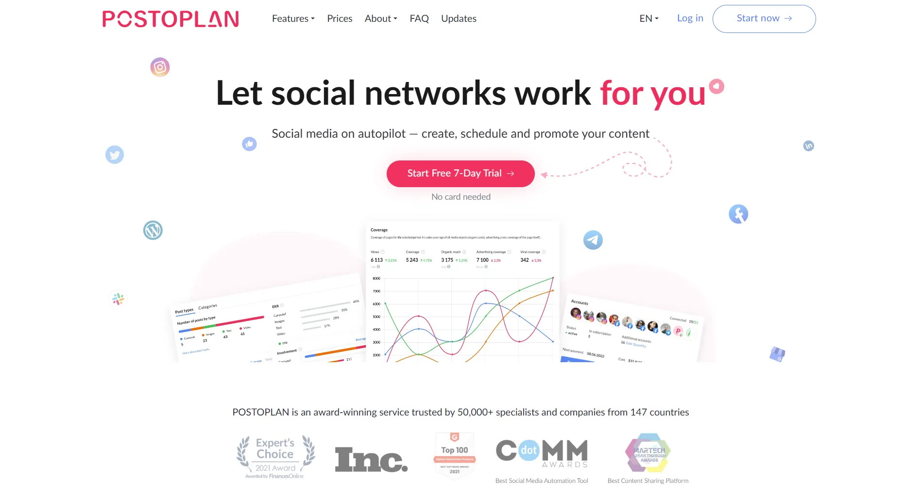 Postoplan landing page screenshot featuring the social media management tool