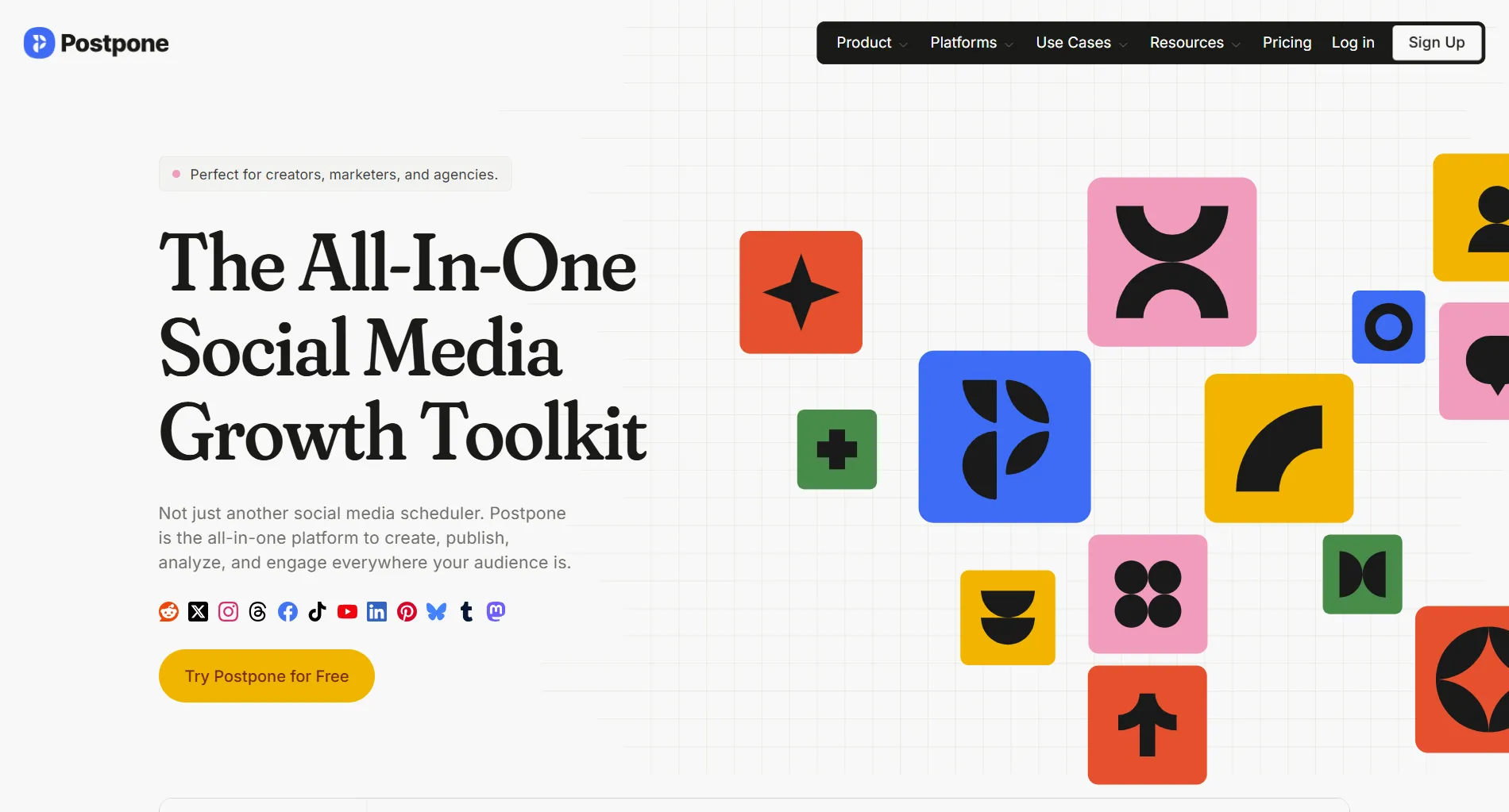 Postpone landing page screenshot featuring the social media scheduling