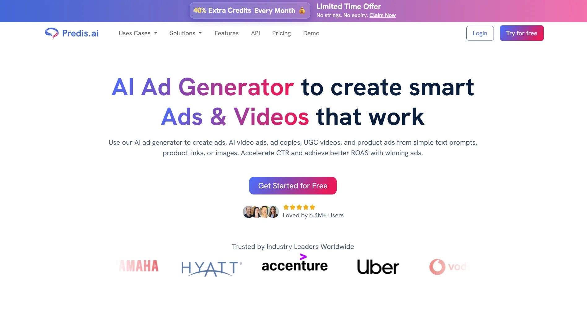 Predis.ai landing page screenshot featuring the AI ad generator