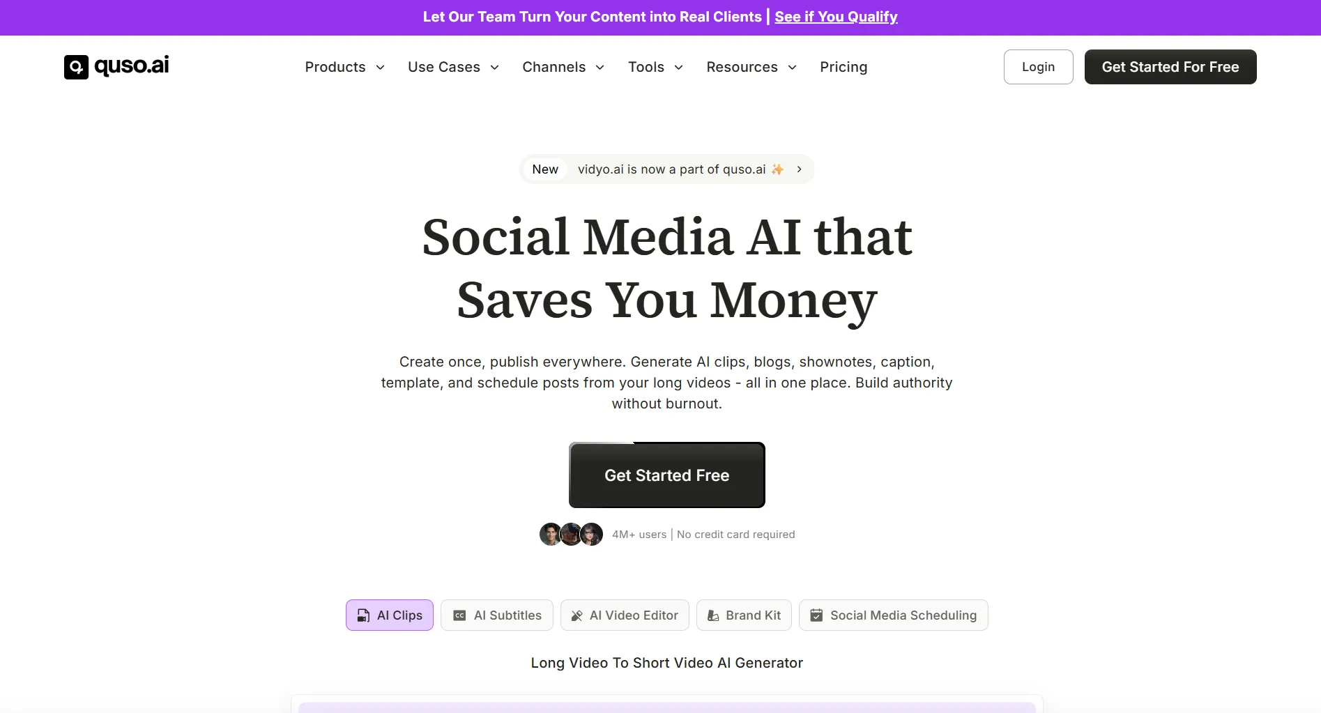 Quso.ai landing page screenshot featuring the video AI platform