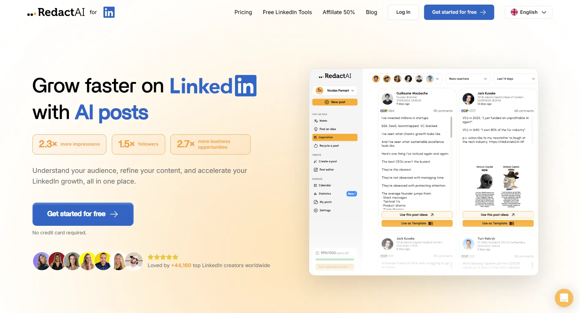 RedactAI LinkedIn post generator dashboard