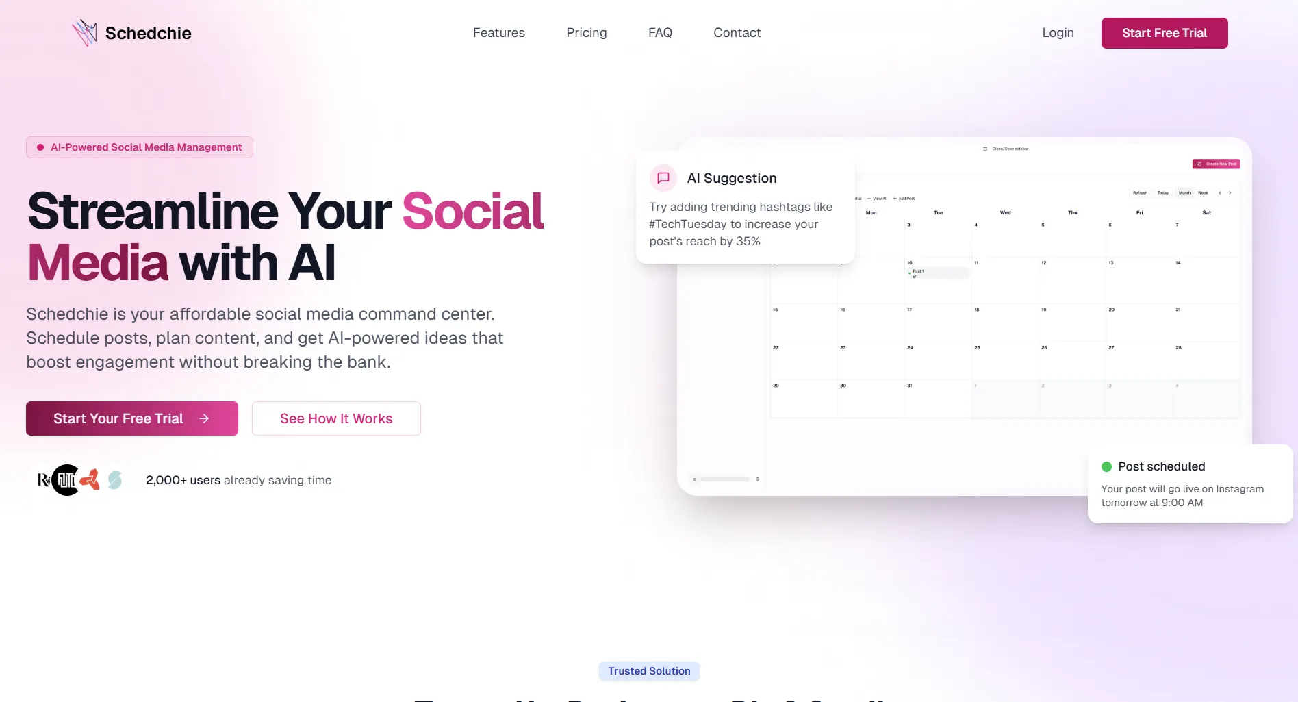 Schedchie landing page screenshot featuring the social media management