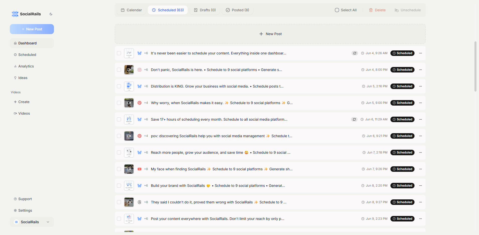 SocialRails scheduled posts page showing a list of upcoming posts with thumbnails, captions, and scheduled times