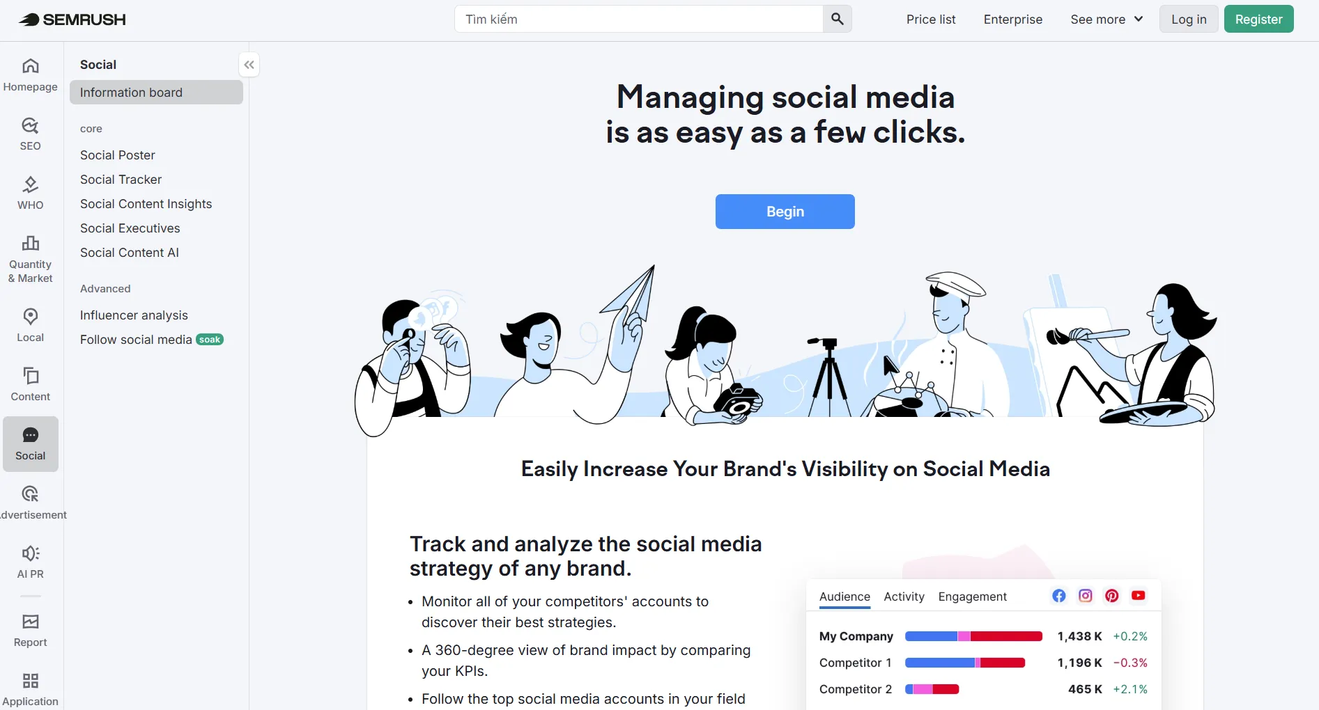 Semrush Social landing page screenshot featuring the social media management