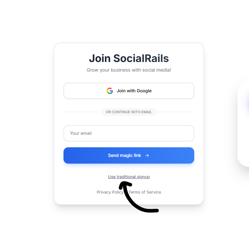SocialRails signup screen highlighting traditional signup option for lead generation