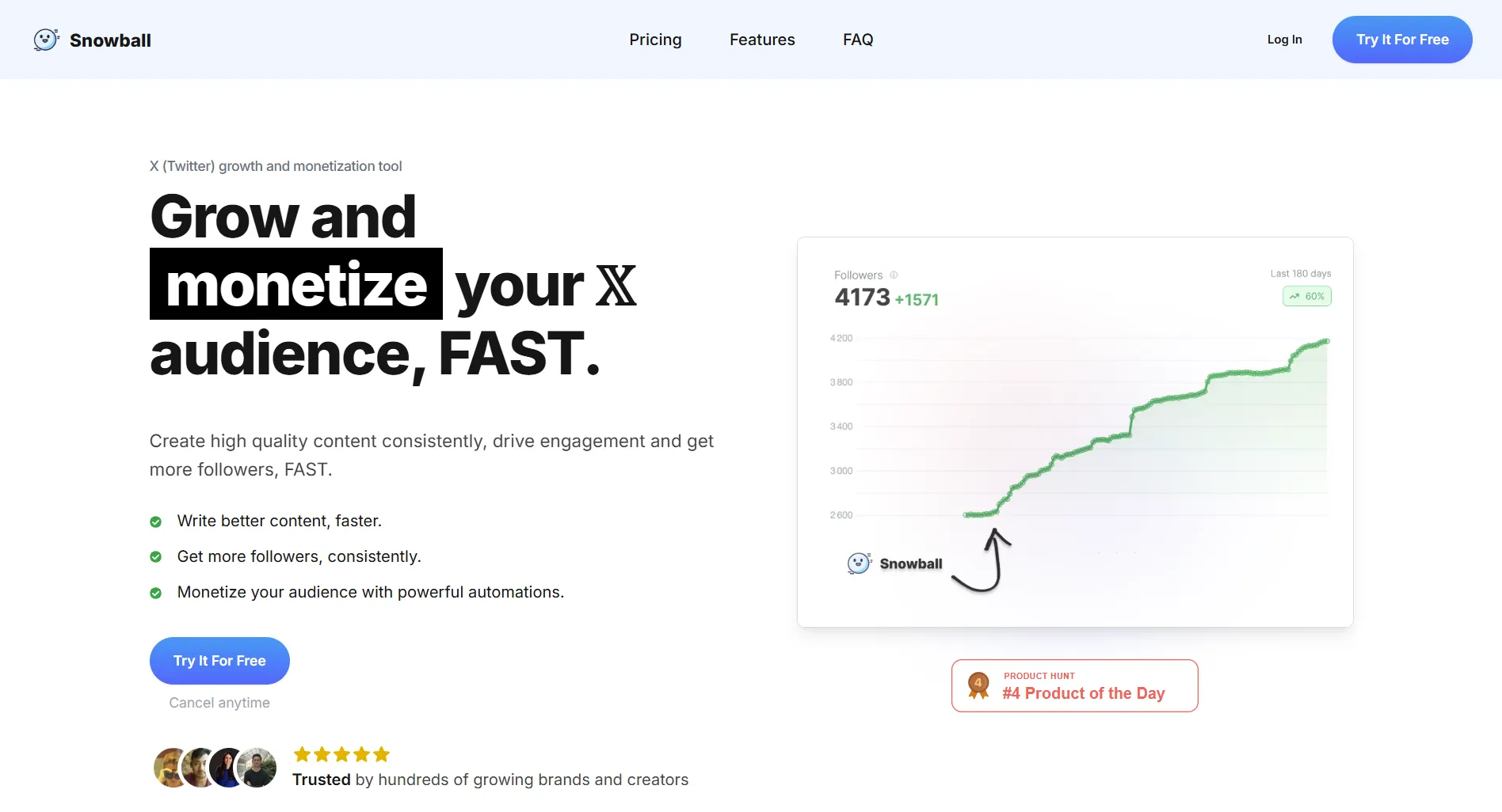 Snowball landing page screenshot featuring the Twitter/X growth