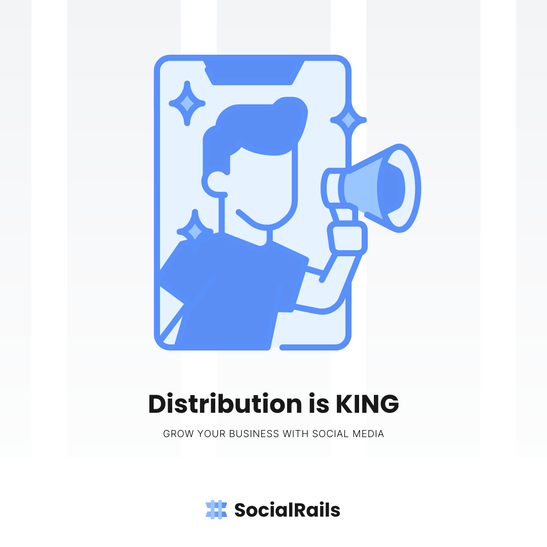 Promotional image with text 'Distribution is king' emphasizing video content reach