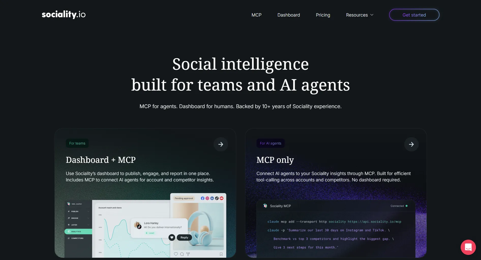 Sociality.io landing page screenshot featuring the social intelligence