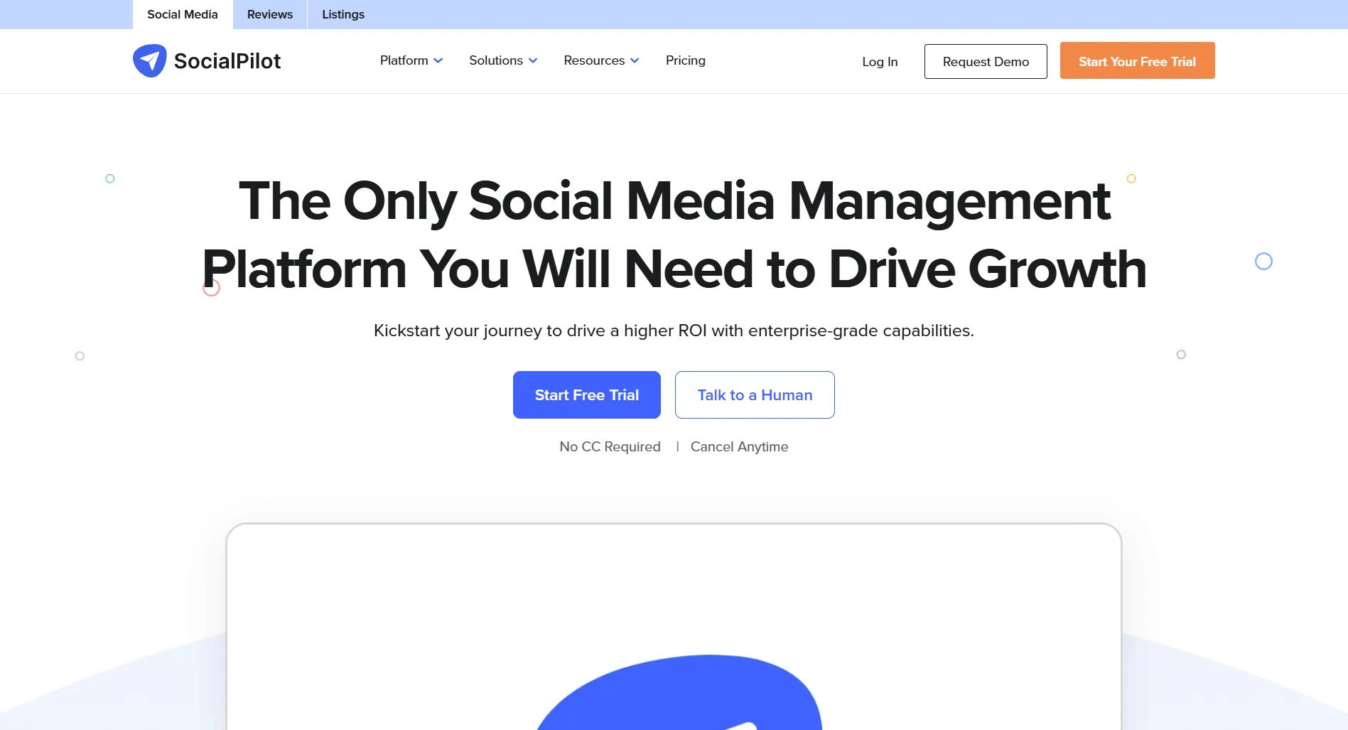 SocialPilot homepage screenshot showing the social media management