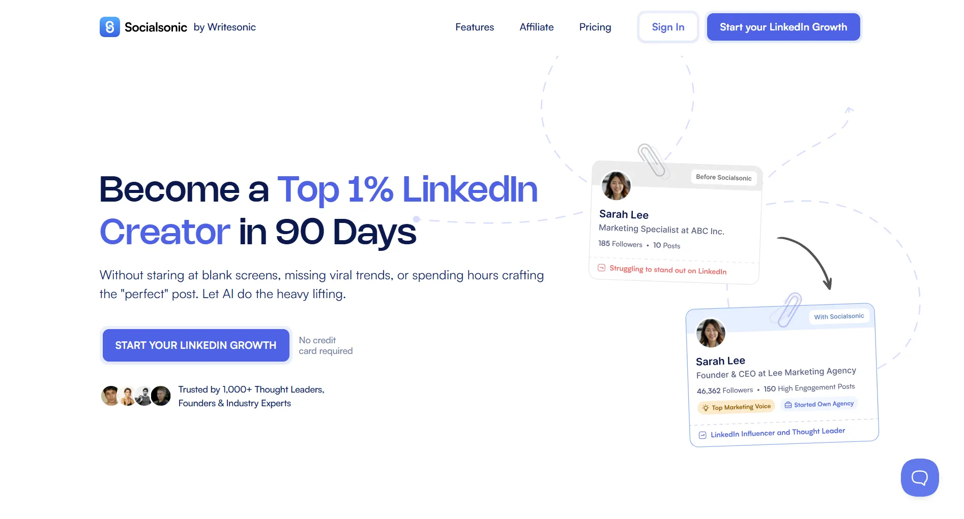 Socialsonic landing page screenshot featuring the AI LinkedIn growth